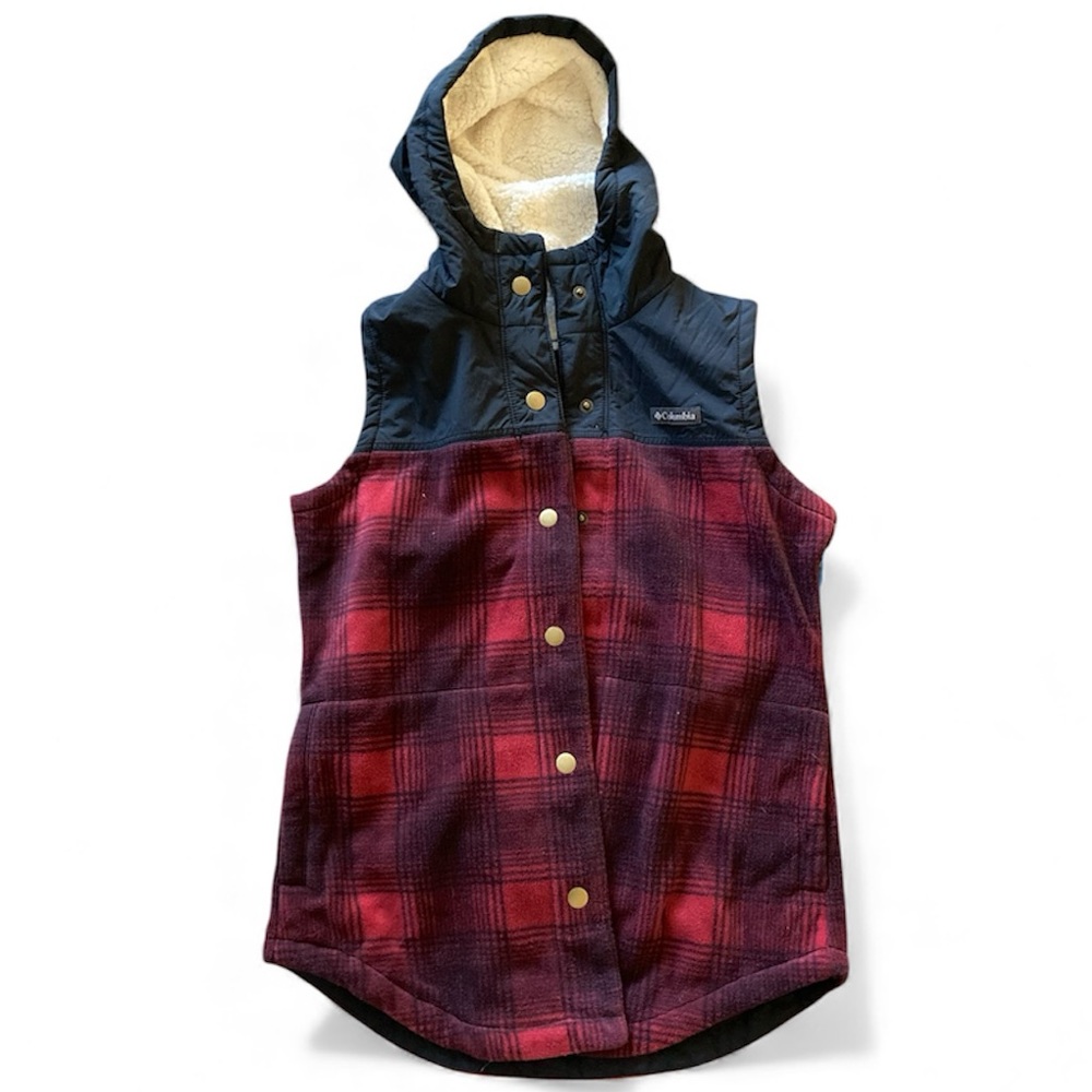 Columbia Women's Hoodie Vest Medium Red Black Plaid Flannel Sherpa Hood